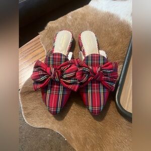 Isaac Mizrahi Red Plaid Bow Mules